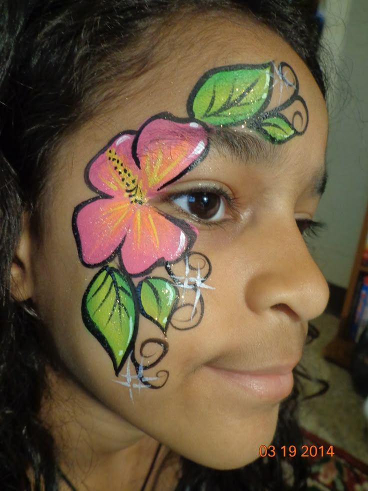 Hibiscus Flower face paint design Flower Face Paint, Face Painting Flowers, Cheek Art, Flower Makeup, Flower Face, Butterfly Face, Face Painting Easy, Face Paint Makeup, Kids Face Paint