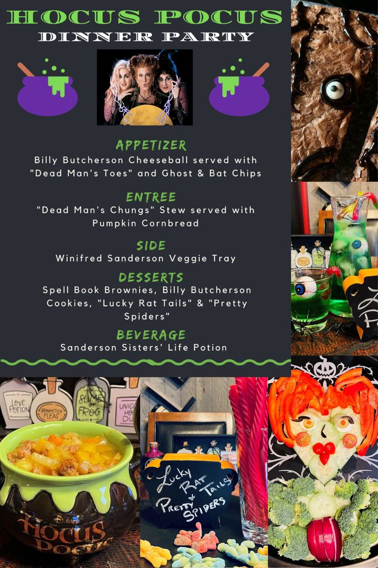 an advertisement for hockier pocus's halloween party with images of witches, pumpkins and other items