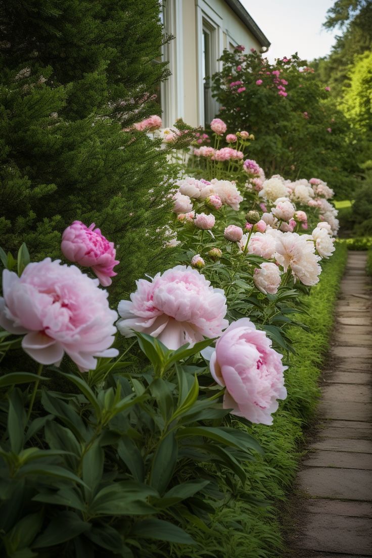 pink and white peonies line the side of a house with trees in the background