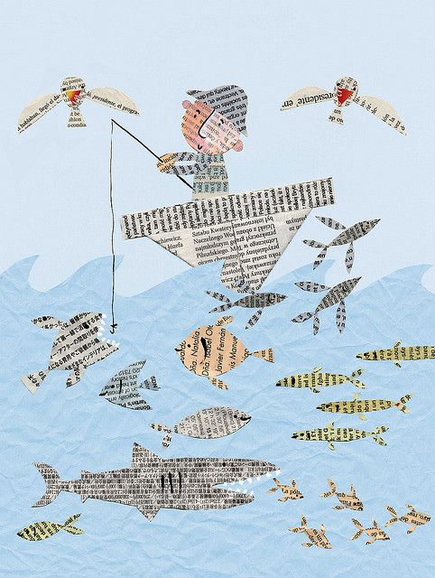 an image of fish in the water with words all over them and one person holding a fishing pole