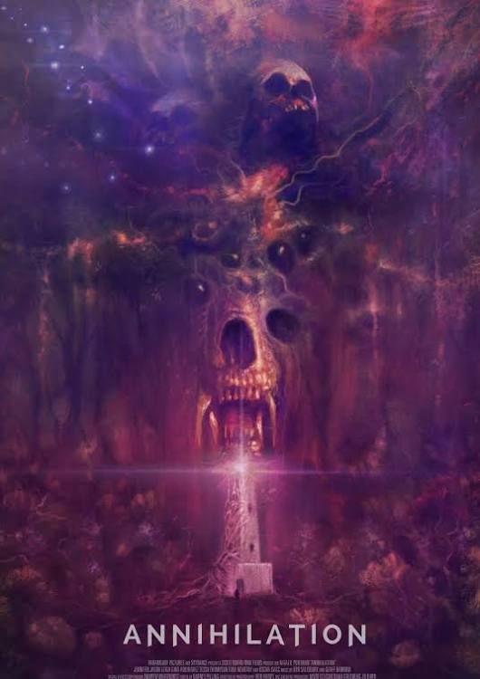 the poster for an upcoming horror film, annihilation is shown in red and purple