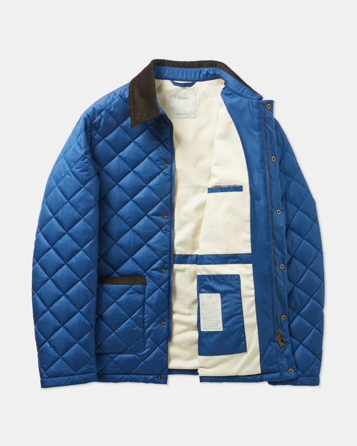 Velasca | Light blue quilted jacket, with corduroy details Blue Cotton Quilted Jacket With Pockets, Blue Quilted Winter Jacket With Pockets, Blue Quilted Outdoor Outerwear, Blue Quilted Jacket, Casual Quilted Jacket With Double-lined Hood For Outdoor, Nylon Quilted Jacket With Double-lined Hood, Take The First Step, The Hills, Quilted Jacket