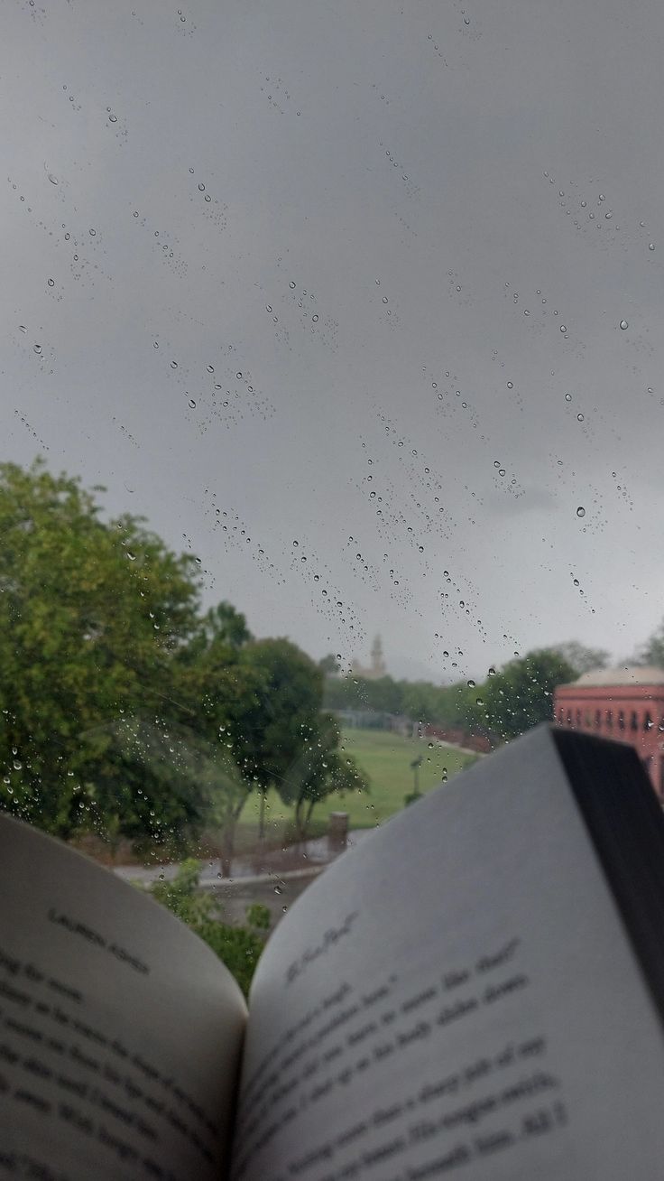 an open book sitting on top of a window sill next to a rain covered field