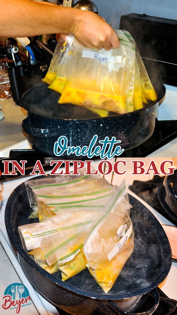 Omelettes in a bag are perfect for camping or if have a group to feed breakfast to at home to make individualized requests for eggs, quickly. Who needs a dirty pan when you can just throw baggies away!! Plus no waiting your turn for the pan. You can cook a whole bunch of omelets at one time in a pan of boiling water. Scrambled Eggs In A Ziploc Bag, Omelettes In A Bag, Omelet In A Bag, Camping Omelets In A Bag, Boil In A Bag Meals Camping, Camping Brunch Ideas, Omlet In A Bag, Bag Omelets, Camp Breakfast Ideas