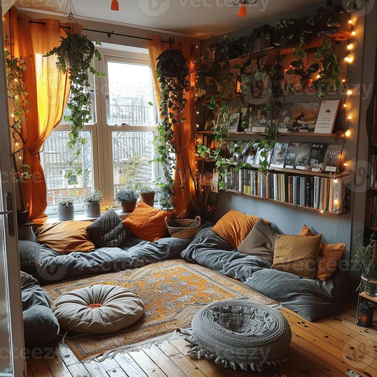 a living room filled with lots of furniture and plants on the windows sills