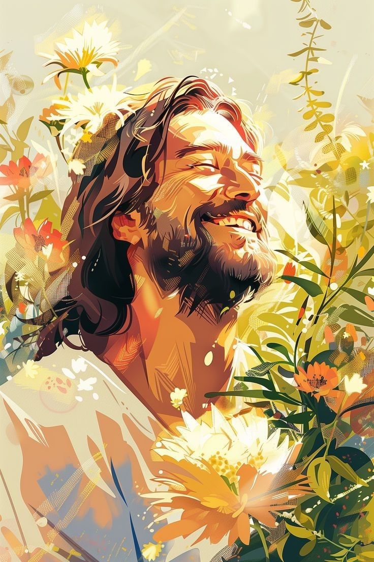 a painting of jesus surrounded by flowers