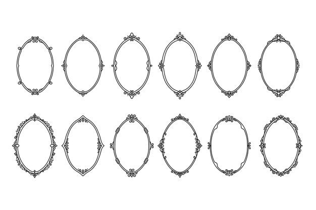 six oval frames with ornate designs on each one side and the other half in black ink