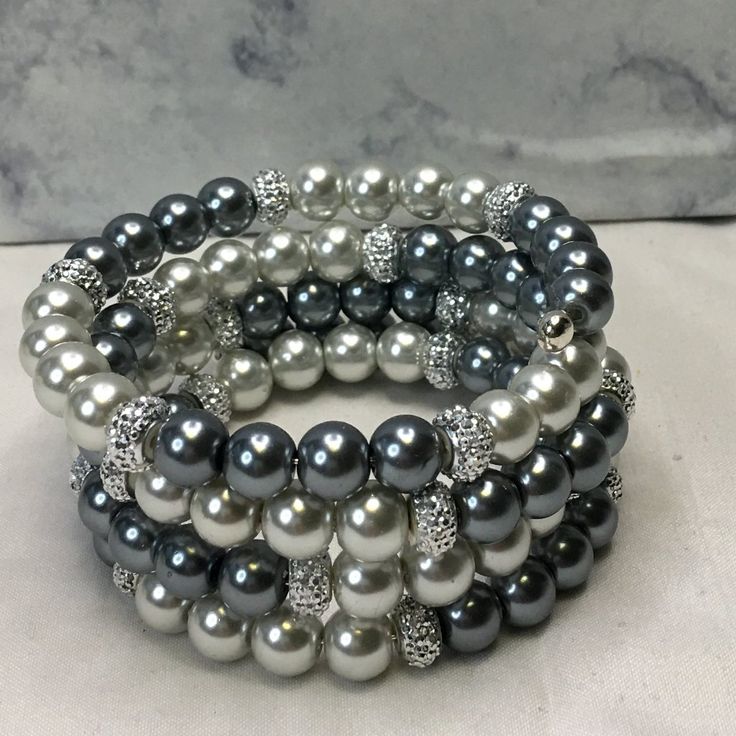 Lt Gray & Gray Pearl Glass Bead (8mm) Silver Resin Rondelle (4x8mm) Memory Wire Silver Plated Memory Wire Bead Ends Fits Up To 6 1/2 To 8 Inch Wrist The Bigger The Wrist The Less Layer Silver Beaded Bracelets With Bling, Silver Bling Beaded Bracelets, Elegant Gray Beaded Bracelets With Silver Beads, Easy Bracelets, Black Metal Bracelet, Jewelry Classy, Memory Wire Jewelry, Memory Wire Wrap Bracelets, Wire Bangle Bracelets