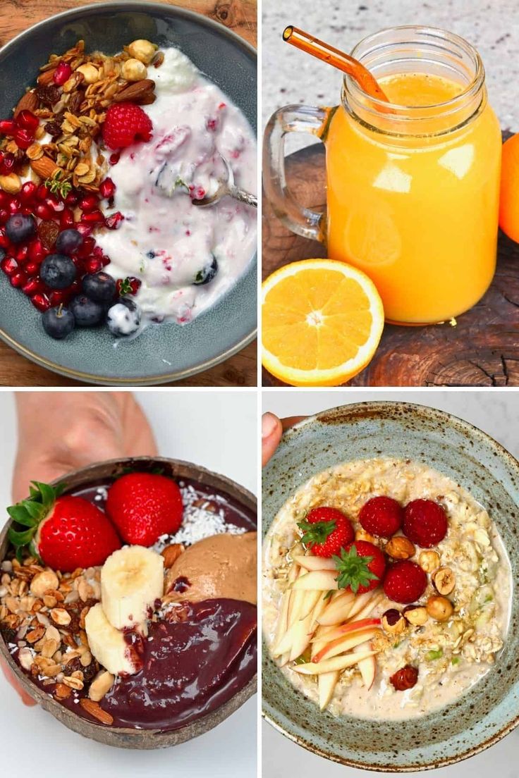 four pictures with different types of food and drinks in them, including yogurt, granola, orange juice