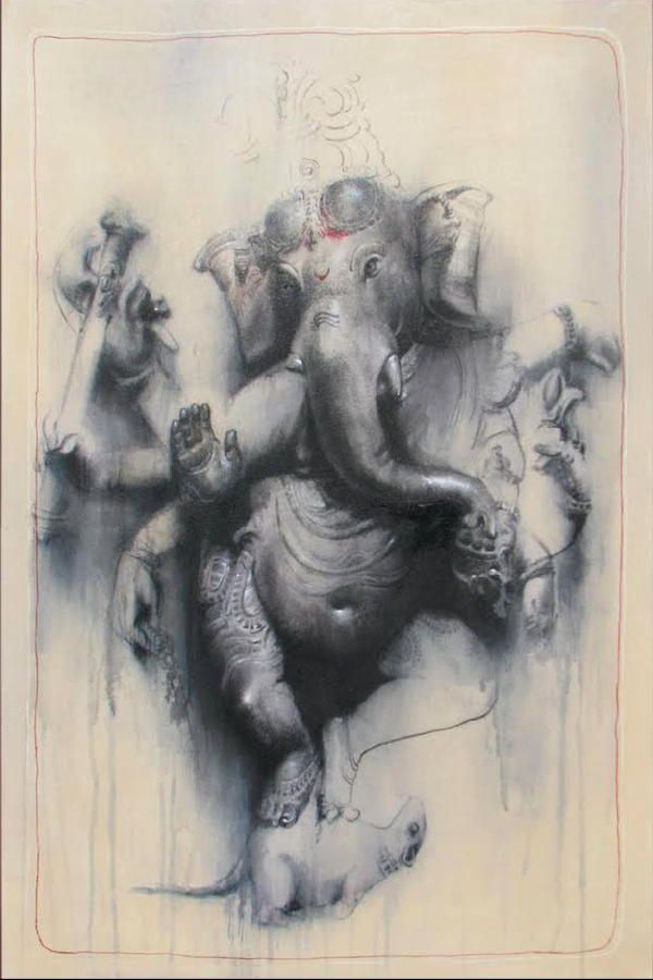 a drawing of an elephant with people on it's back and two elephants in the background