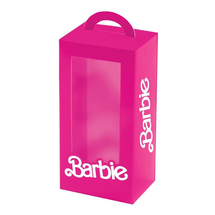 a pink shopping bag with the word barbie printed on it's front and sides