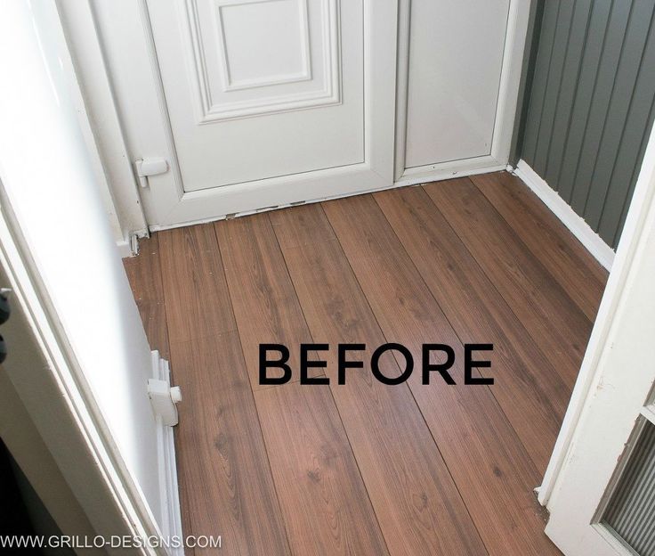 before and after photo of a wood floor in a house with white door, green walls and wooden floors