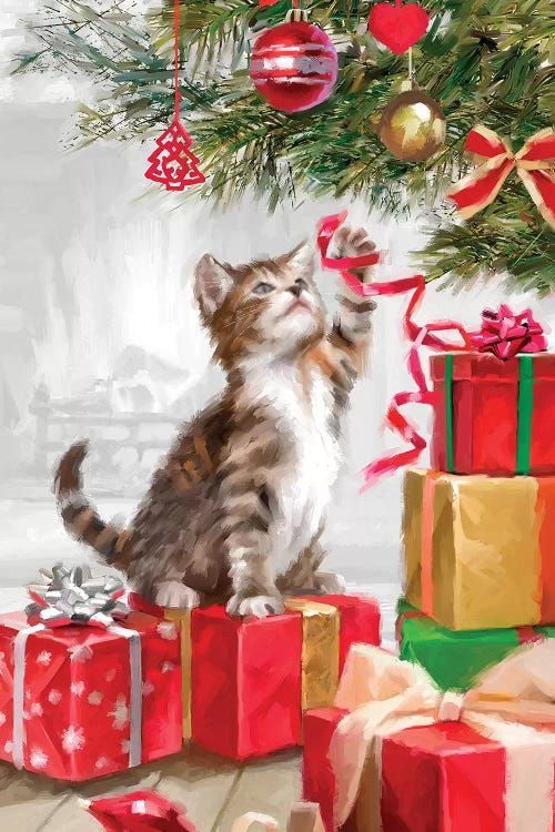 a painting of a cat sitting under a christmas tree surrounded by gifts and presents,