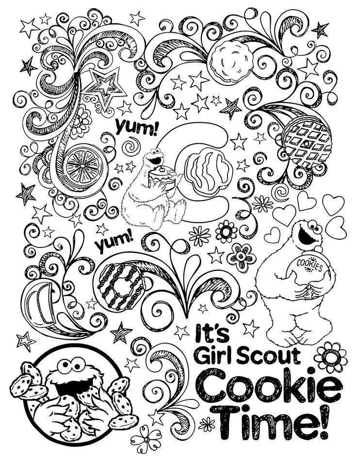 the cookie time coloring page is filled with doodles and words that spell out it's girl scout