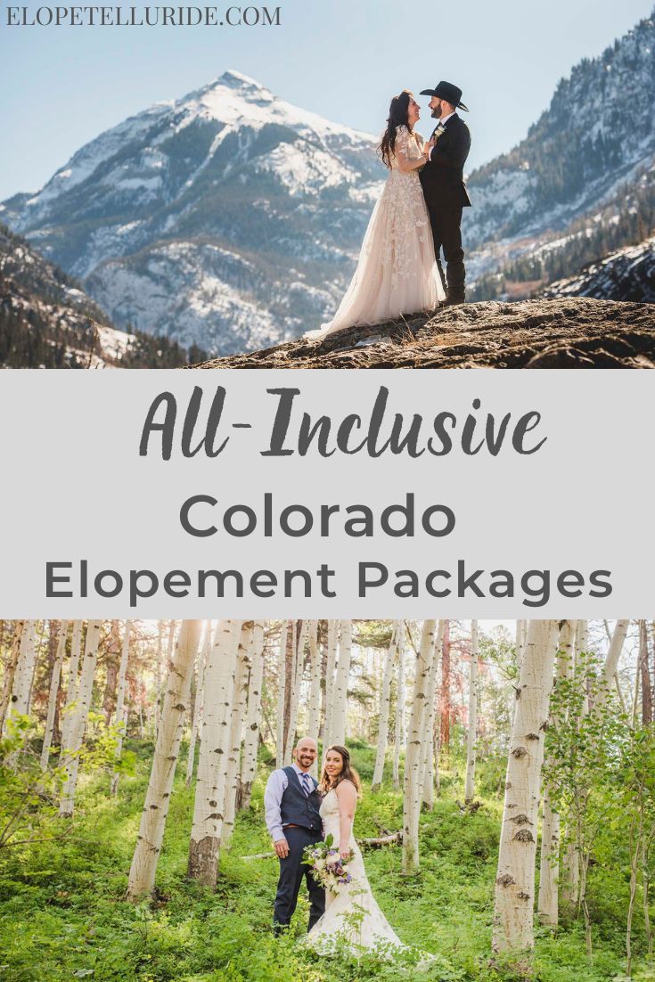 an image of a couple standing in the woods with text overlay that reads all - inclusive colorado elopement packages