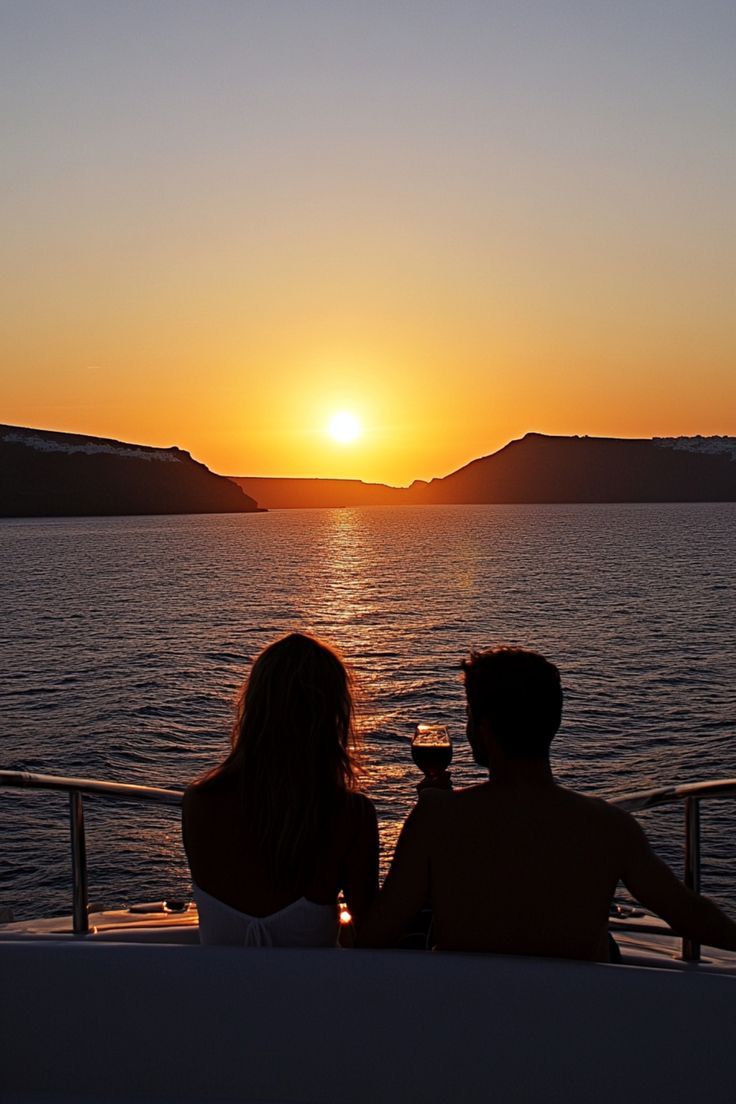 two people sitting on a boat watching the sun set