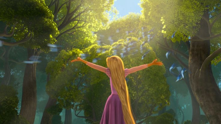 a girl with long blonde hair standing in the middle of a forest holding her arms wide open