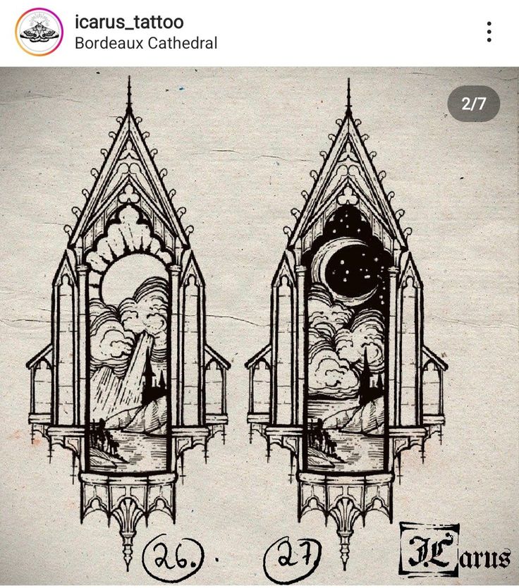 an image of two gothic style windows with clouds and stars on them, one is drawn in black ink