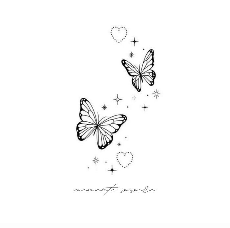 two butterflies flying in the sky with hearts