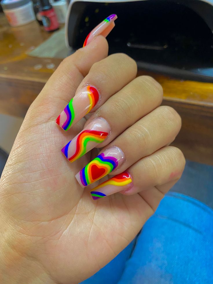 Square Pride Nails, Square Rainbow Nails, Pride Acrylic Nails, Pride Nail Ideas, Pride Nails Designs, Pride Month Nails, Pride Nails, Rainbow Nails Design, Rainbow Nail Art