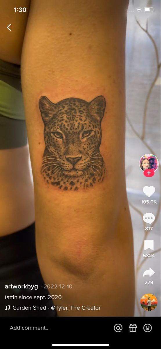 leopard tattoo idea (@artworkbyg tiktok) arm tattoo, leopard, cheetah, big cat tattoo Leopard Print Hip Tattoo, Red Leopard Tattoo, Leopard Head Tattoo, Leopard Face Tattoo, Leopard Bedroom, Cheetah Print Tattoos, Tattoo Leopard, Big Tattoos, Black People Tattoos