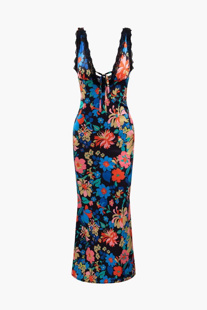 Floral Print Lace Trim V-neck Maxi Dress Patterned Floral Print V-neck Maxi Dress, Multicolor Printed V-neck Dress, V-neck Floral Print Patterned Dress, Patterned Floral Print V-neck Dress, Beach Dresses With All Over Print, Multicolor Tropical Print V-neck Dress, Vacation Dresses With All Over Print, Multicolor Bold Print V-neck Dress, V-neck Dress With Bold Multicolor Print