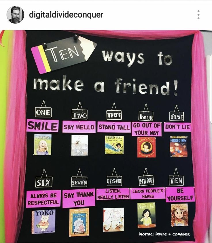 a bulletin board that has been decorated with pink and black writing on it, which reads ten ways to make a friend