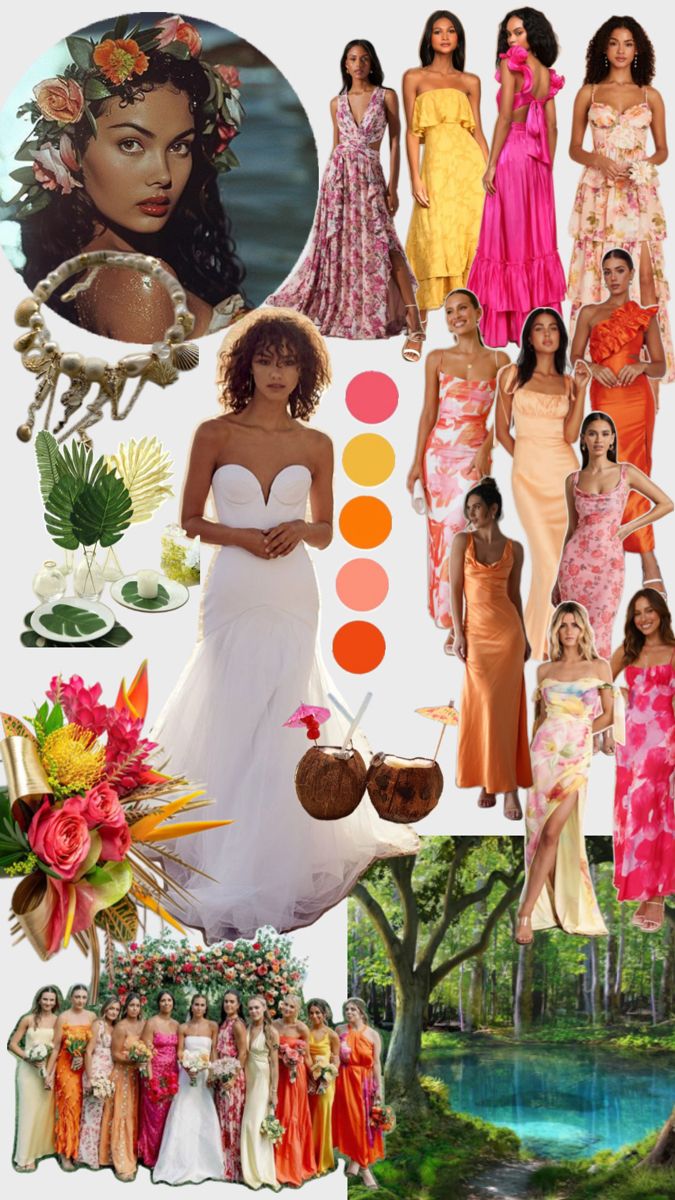 a collage of different women in dresses and flowers, including one woman wearing an orange dress