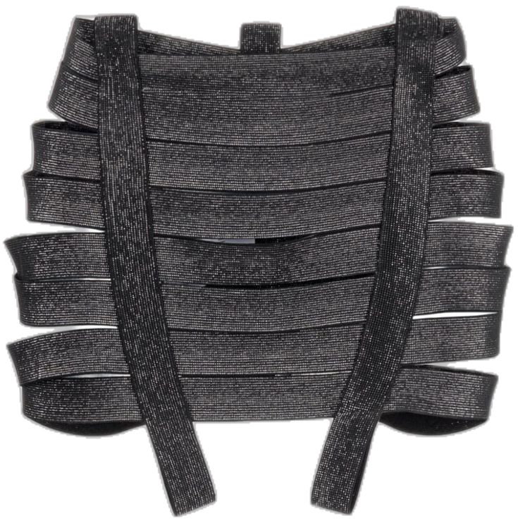 the back of a gray sweater with black straps