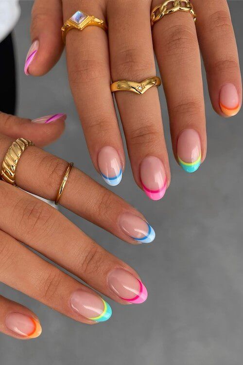 Cute Short Acrylics, Nail Vacation Ideas, Colorful Nails French Tip, Summer Nails Not Acrylic, Colorful Summer Nails 2024, Summer Tip Nails, Neon Nail Inspo Short, Hot Vacation Nails, Colorful Beach Nails