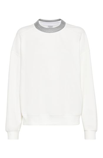 Thanks to the excellence of the natural fiber, the pure cotton Smooth French terry showcases a soft, comfortable texture. Crew-neck Drop shoulder Nickel-free monili decoration White Athleisure Sweatshirt With Ribbed Collar, White Sweatshirt With Ribbed Collar For Loungewear, White Ribbed Collar Sweatshirt For Loungewear, White French Terry Athleisure Top, White French Terry Sweater With Ribbed Cuffs, White Relaxed Fit Sweatshirt With Ribbed Collar, White Sweatshirt With Ribbed Collar, White Ribbed Cuffs French Terry Sweater, White Sweater With Ribbed Collar For Loungewear