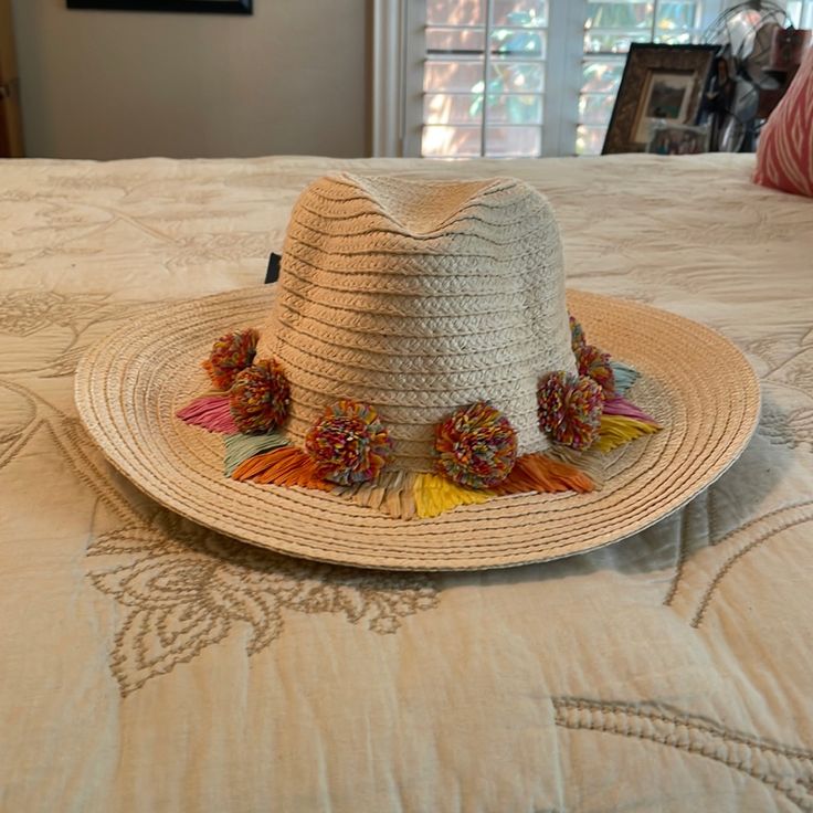 Adorable Brooklyn Hat Company Beach/Straw Hat With Colorful Pom Pom Details. New With Tags!Adjustable To Fit Most Head Sizes. Multicolor Summer Fedora With Short Brim, Adjustable Multicolor Panama Hat For Spring, Multicolor Brimmed Panama Hat For Spring, Summer Fedora With Multicolor Flat Brim, Pink Summer Hat For Beach Season, Summer Multicolor Fedora With Curved Brim, Multicolor Summer Fedora With Curved Brim, Multicolor Flat Brim Fedora For Summer, Spring Multicolor Brimmed Panama Hat