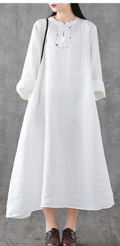 Long Sleeve Summer Spring Cotton Linen Women loose Dresses Plain Skirt, Short Sleeve Summer Dresses, Loose Dresses, Women Long Sleeve Dress, Women Skirts, Sleeve Women, Spring Women, Loose Style, Sleeve Dresses