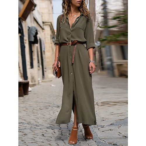 Season:Summer,Spring,Autumn,Fall,Winter; Fabric:Polyester; Sleeve Length:Long Sleeve; Look After Me:Machine wash; Gender:Women's; Style:Classic,Basic; Elasticity:Micro-elastic; Occasion:Vacation,Winter Dress,Fall Dress,Office,Weekend,Outdoor,Going out,Daily; Fit Type:Regular Fit; Dresses Type:Shirt Dress,Casual Dress; Pattern:Pure Color; Design:Buttons,Pocket,Tie Belt,Rolled Cuff; Neckline:Shirt Collar; Front page:FF; Listing Date:06/06/2024; Production mode:External procurement; 2024 Trends:202 Sarah Joy, Loose Shirt Dress, Button Shirt Dress, Work Formal, Maxi Shirts, Casual Long Sleeve Shirts, Belted Shirt Dress, Long Dress Casual, Maxi Shirt Dress