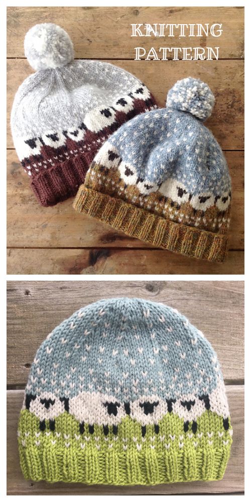 two knitted hats sitting on top of a wooden floor next to each other, one with