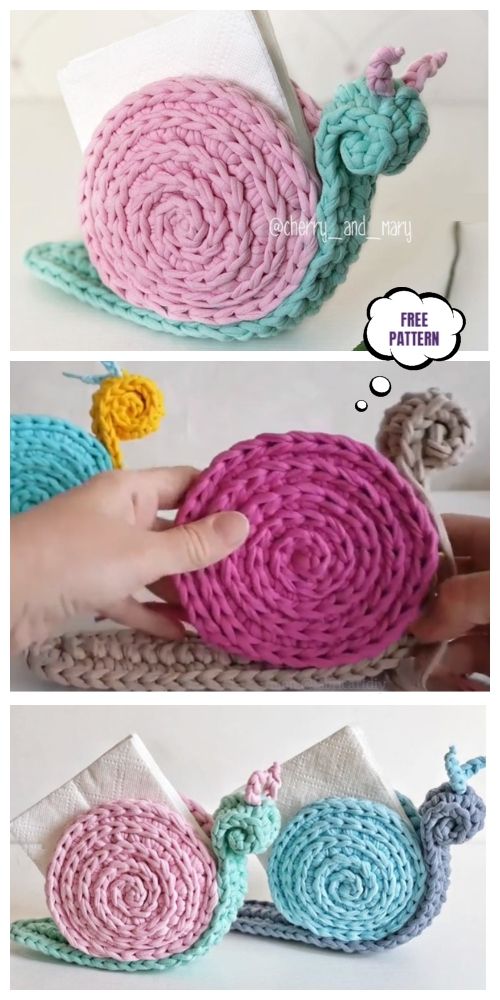 crocheted snail dishcloth is shown in three different colors, and the pattern has been