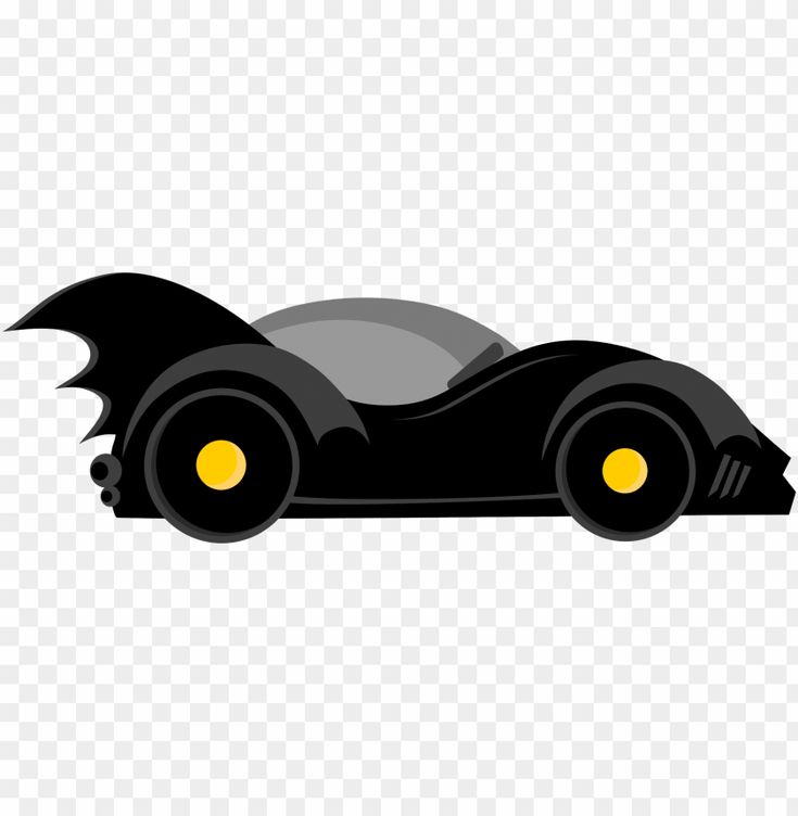 a black and white batman car with yellow wheels, on transparent background png clipart