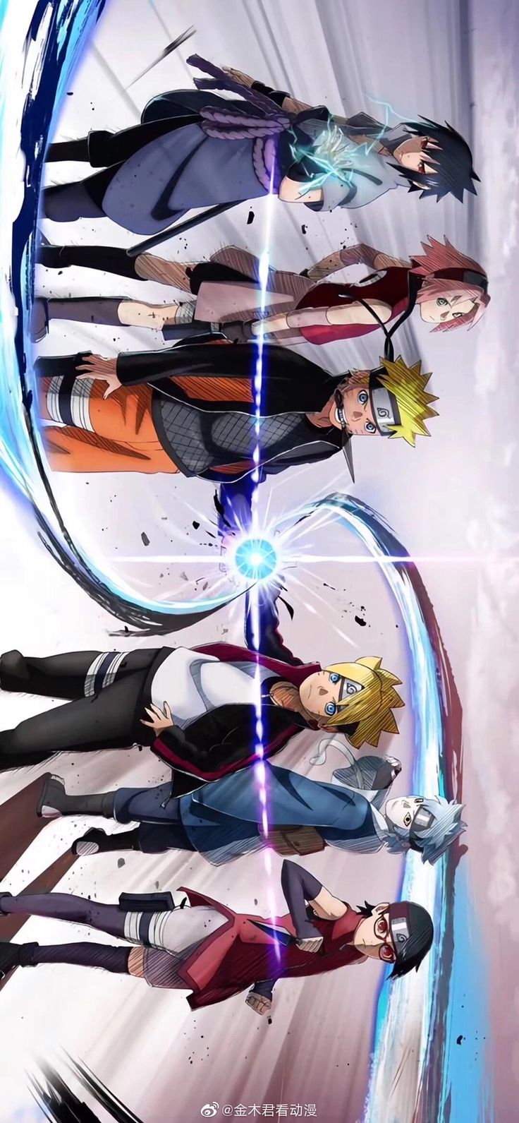 anime characters are standing in front of a circular object with blue light coming from it