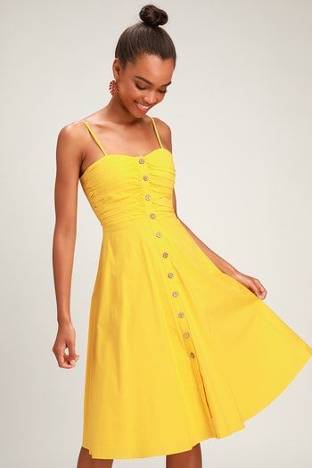 Shop Trendy Dresses for Teens and Women Online | Shop for the Best Women's Dresses, Special Occasion Outfits, and Clothing Hufflepuff Aesthetics, Button Up Dress Outfit, Button Up Outfit, Golden Yellow Dress, 16 Outfits, Cute Yellow Dresses, Womens Yellow Dress, Cocktail Dress Yellow, White Crop Top Tank