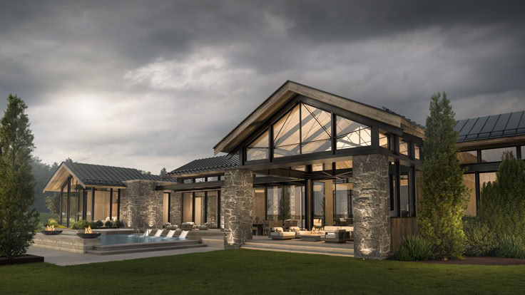 a large house with a hot tub in the front yard and an outdoor patio area