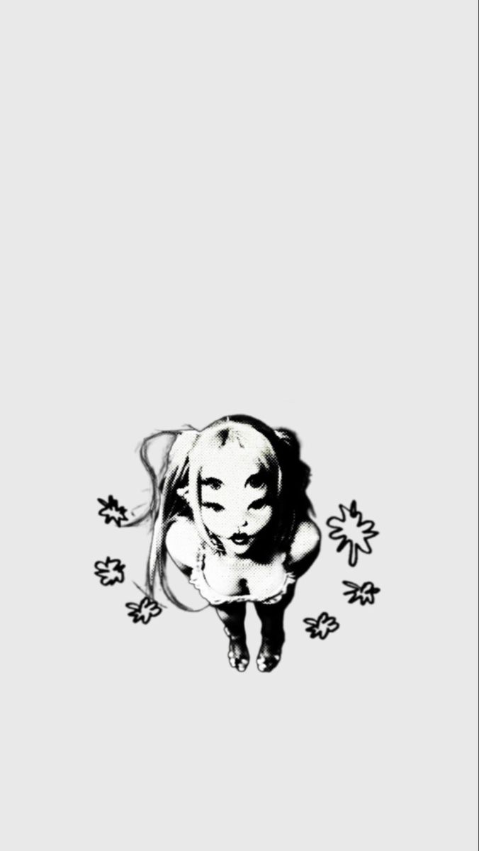 a black and white drawing of a girl with flowers on her head, looking up at the sky