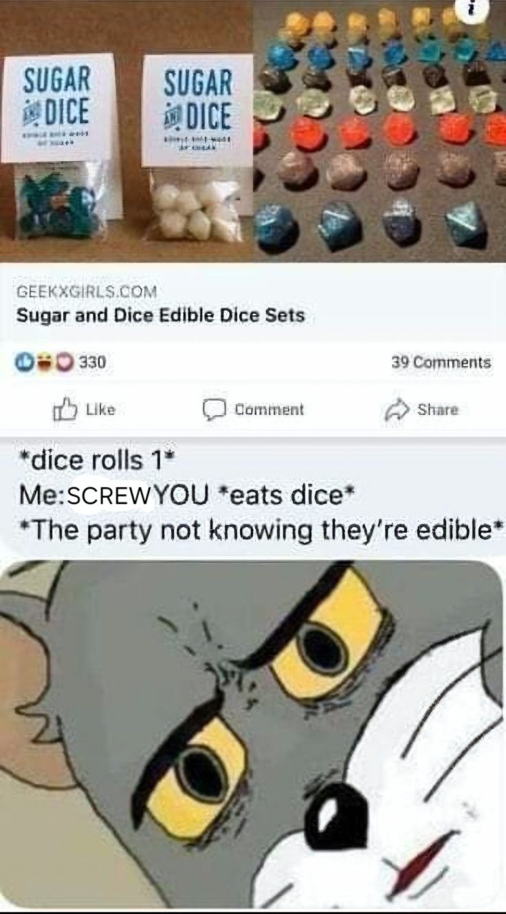 an image of a facebook post about sugar and edible dice sets