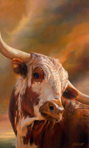 an oil painting of a bull with large horns standing in front of a cloudy sky