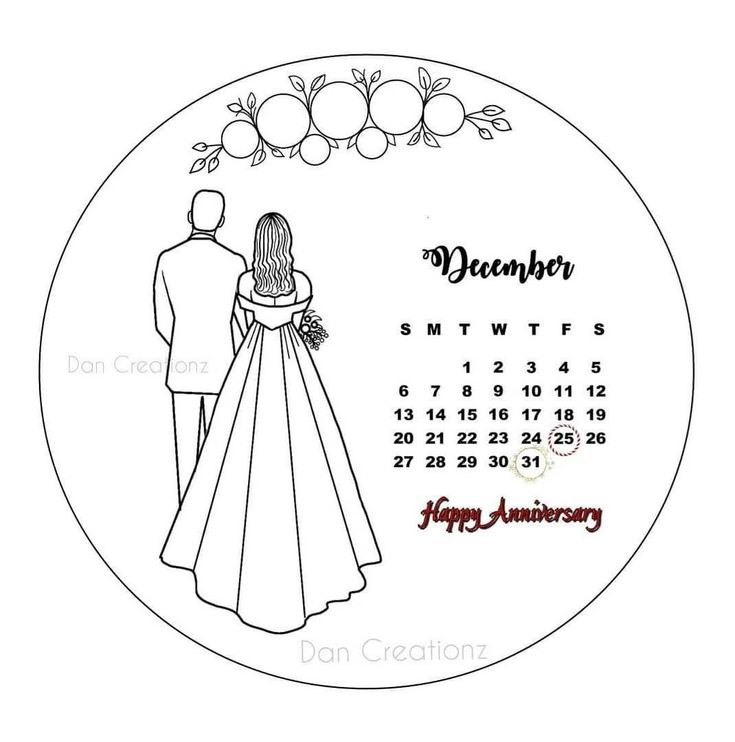 a drawing of a couple on their wedding day, with the date for each month