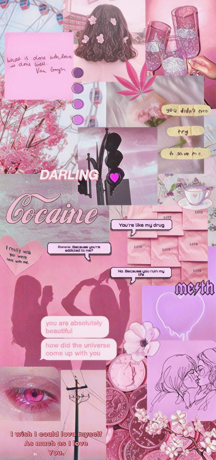 a collage of pink and purple images, with the words love written on them