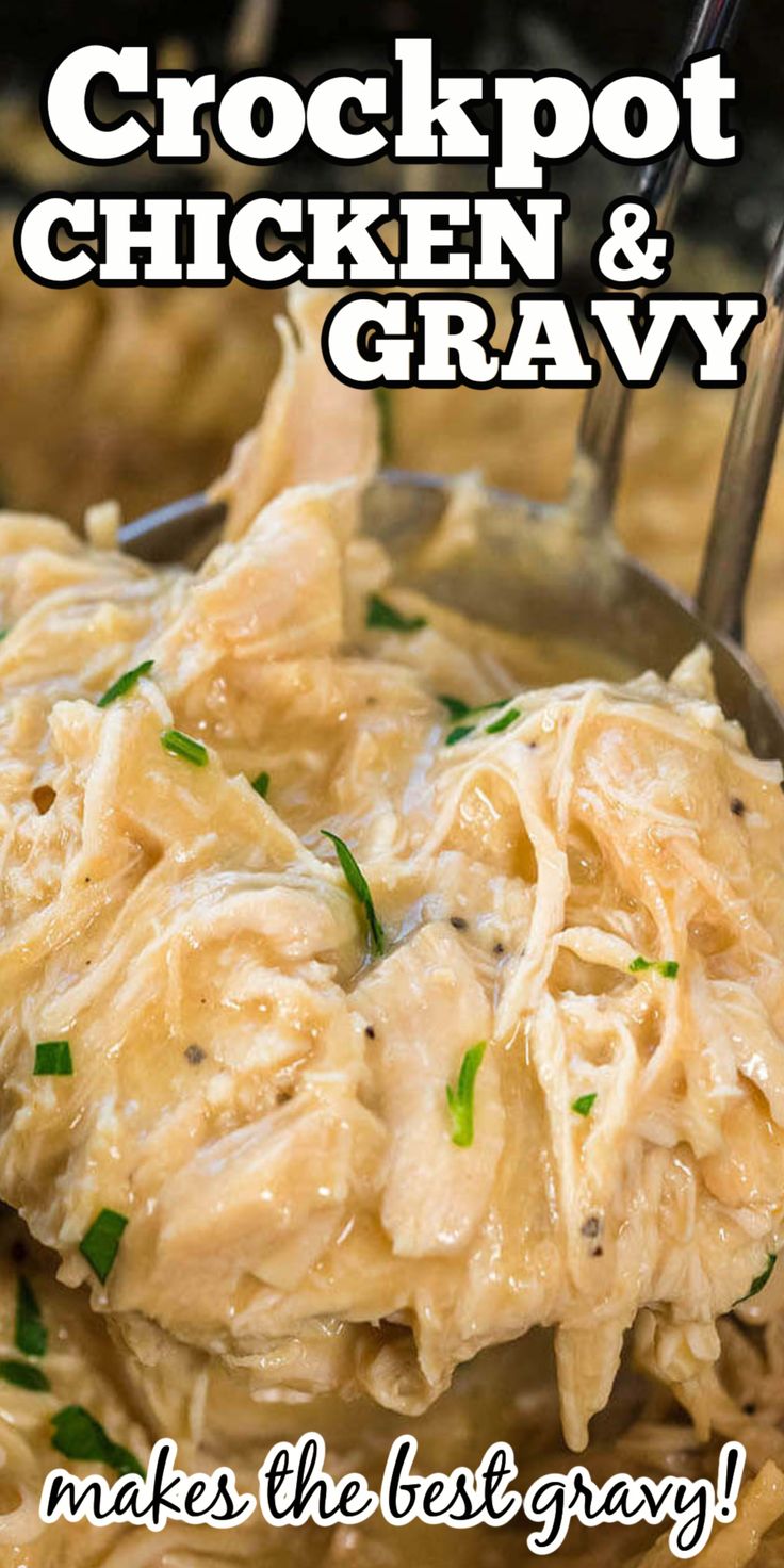 Shredded chicken with gravy in crockpot served with ladle. With Pinterest overlay. Crockpot Chicken And Gravy, Chicken And Gravy, Slow Cooker Meal, Serve Over Rice, Chicken Crockpot Recipes Easy, Smothered Chicken, Chicken Gravy, Crockpot Dishes, Easy Slow Cooker Recipes