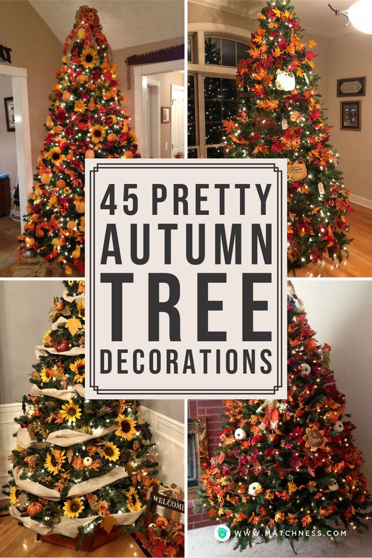 there are four different trees decorated with ribbons and bows on each christmas tree, the second is an autumn tree