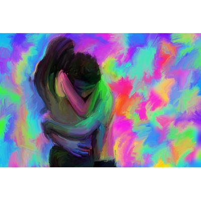 an abstract painting of two people hugging each other in front of a colorful background with lots of colors