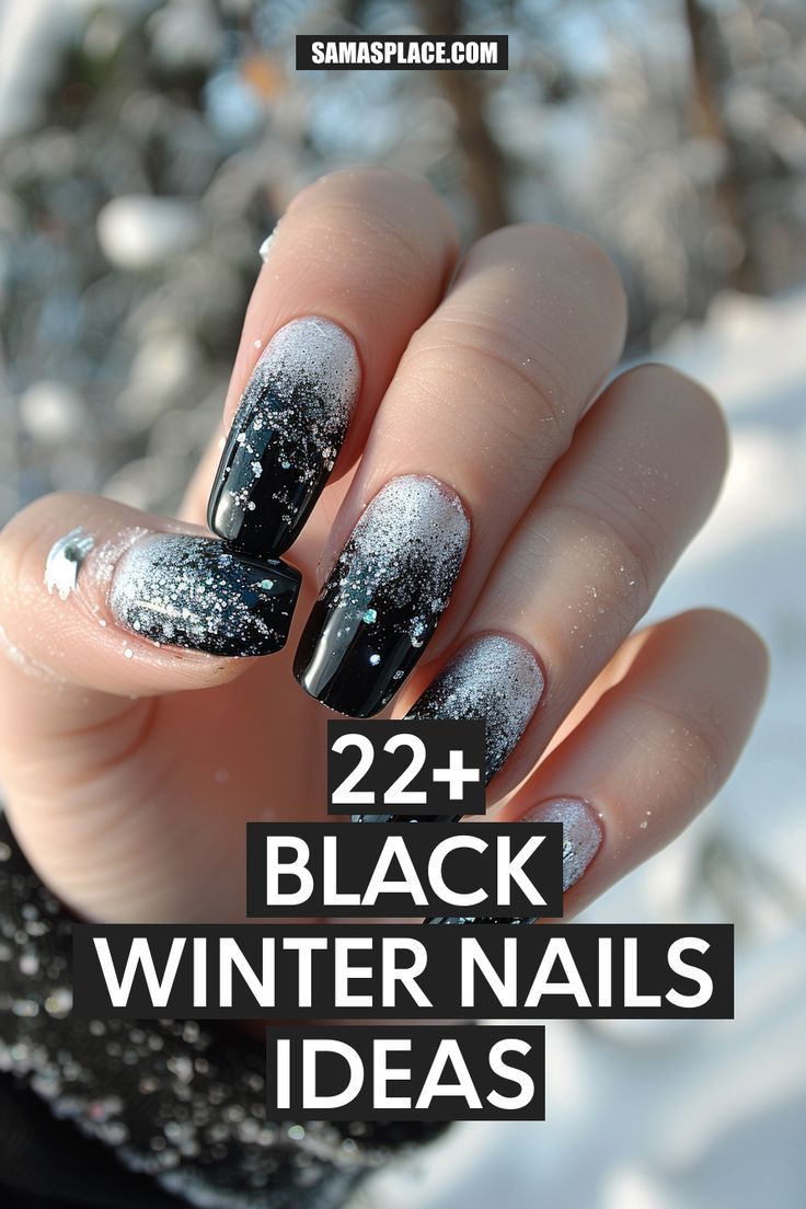 These almond-shaped nails feature a black base with a glitter fade, resembling falling snow. This glamorous look is perfect for winter parties and festive evenings. Black And Snowflake Nails, Black Nails Christmas Holidays, Black And Silver Nail Art Designs, Black Nails With Ombre Glitter, Silver And Black Ombre Nails, Black Sparkly Nails Almond, Black And Silver Snowflake Nails, Christmas Nails Black And Silver, Black Glitter Nail Ideas