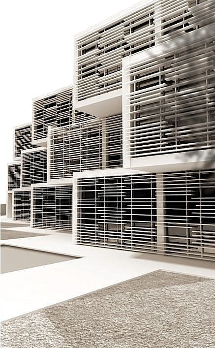 an architectural rendering of a building made out of shutters